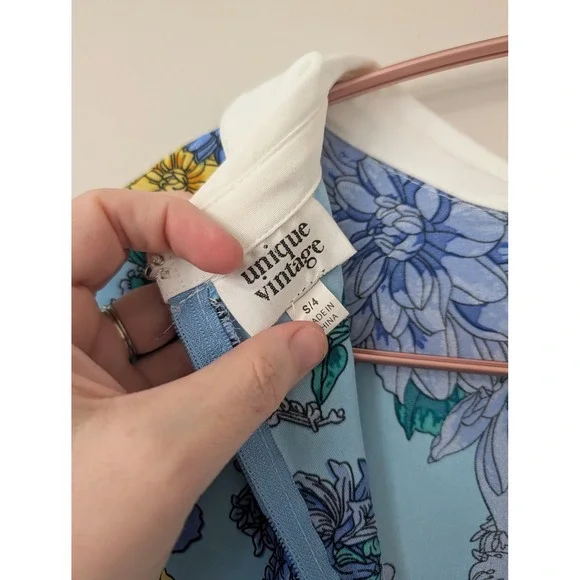 Unique Vintage Light Blue Floral Peter Pan Collar Mod Babydoll Dress 60s Small - Picture 9 of 14